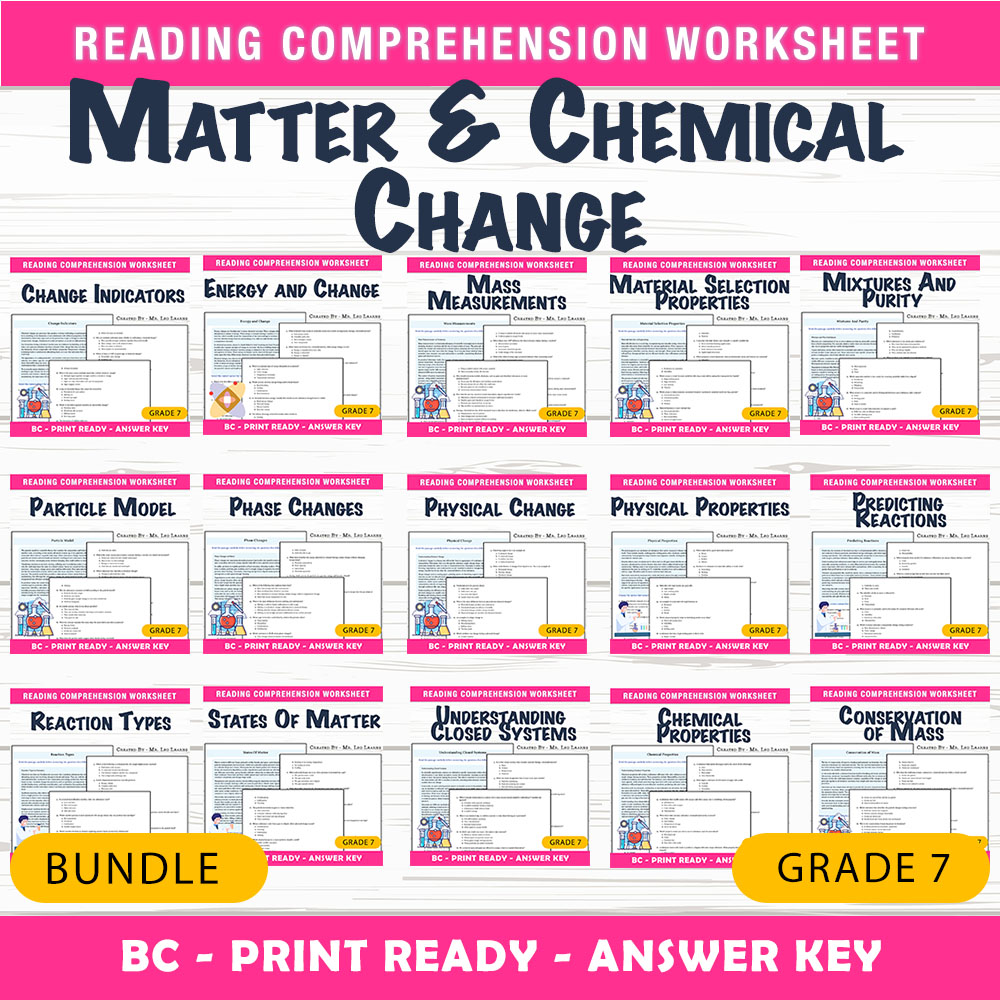 Grade 7 Science | Matter & Chemical Change Worksheet Bundle – BC Framework — bundle cover