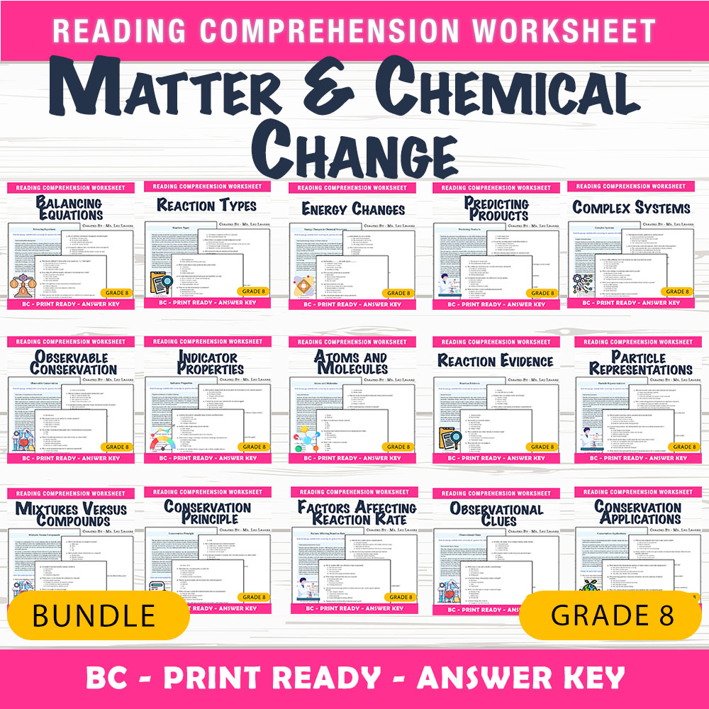 Grade 8 Science | Matter & Chemical Change UNIT Worksheet Pack (BC Framework) — bundle cover