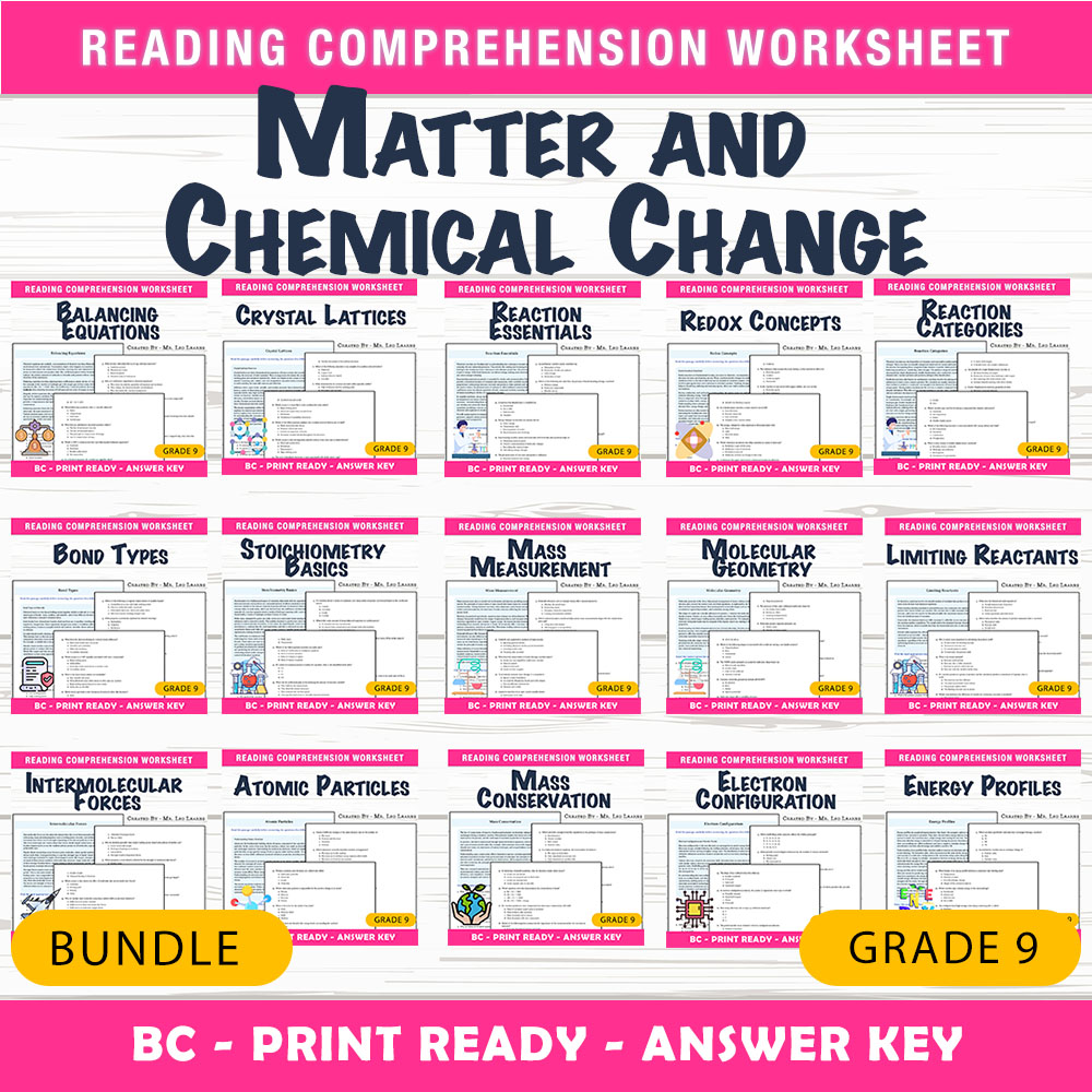 Grade 9 Science | Matter and Chemical Change UNIT Worksheet Bundle  — bundle cover
