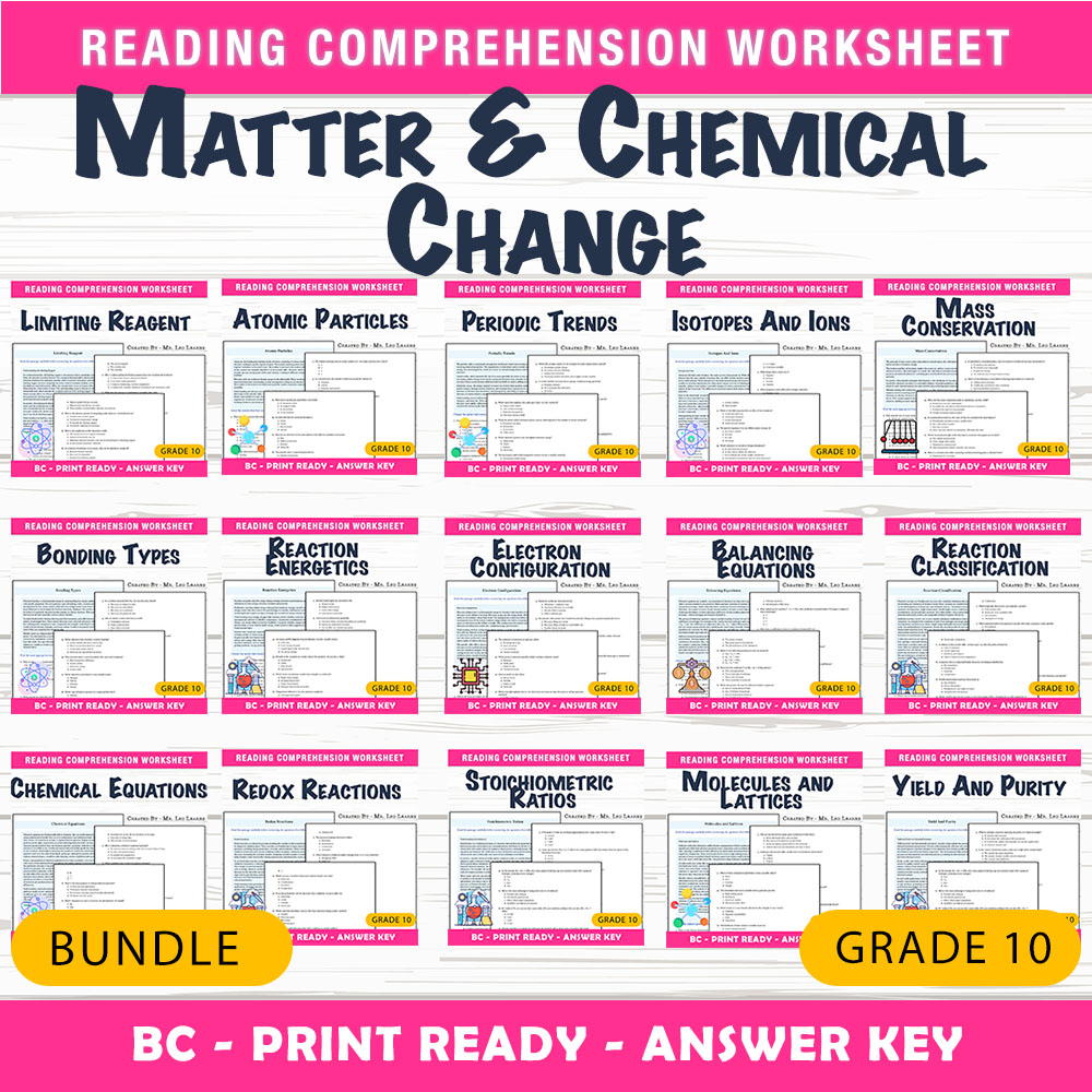 Grade 10 Science | Matter & Chemical Change UNIT Worksheet Pack (BC Framework) — bundle cover
