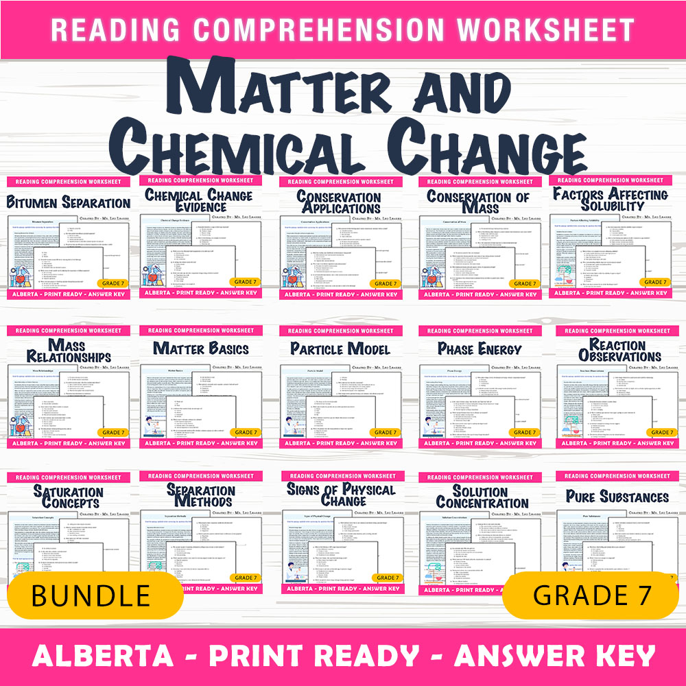 Grade 7 Science Alberta Matter and Chemical Change Worksheet Collection — bundle cover
