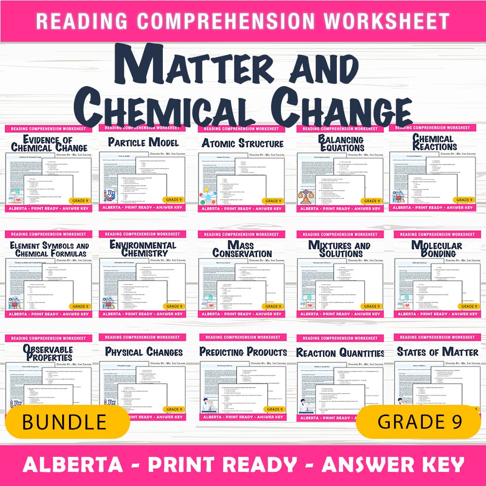 Grade 9 Science Bundle | Matter and Chemical Change Worksheets Pack — bundle cover