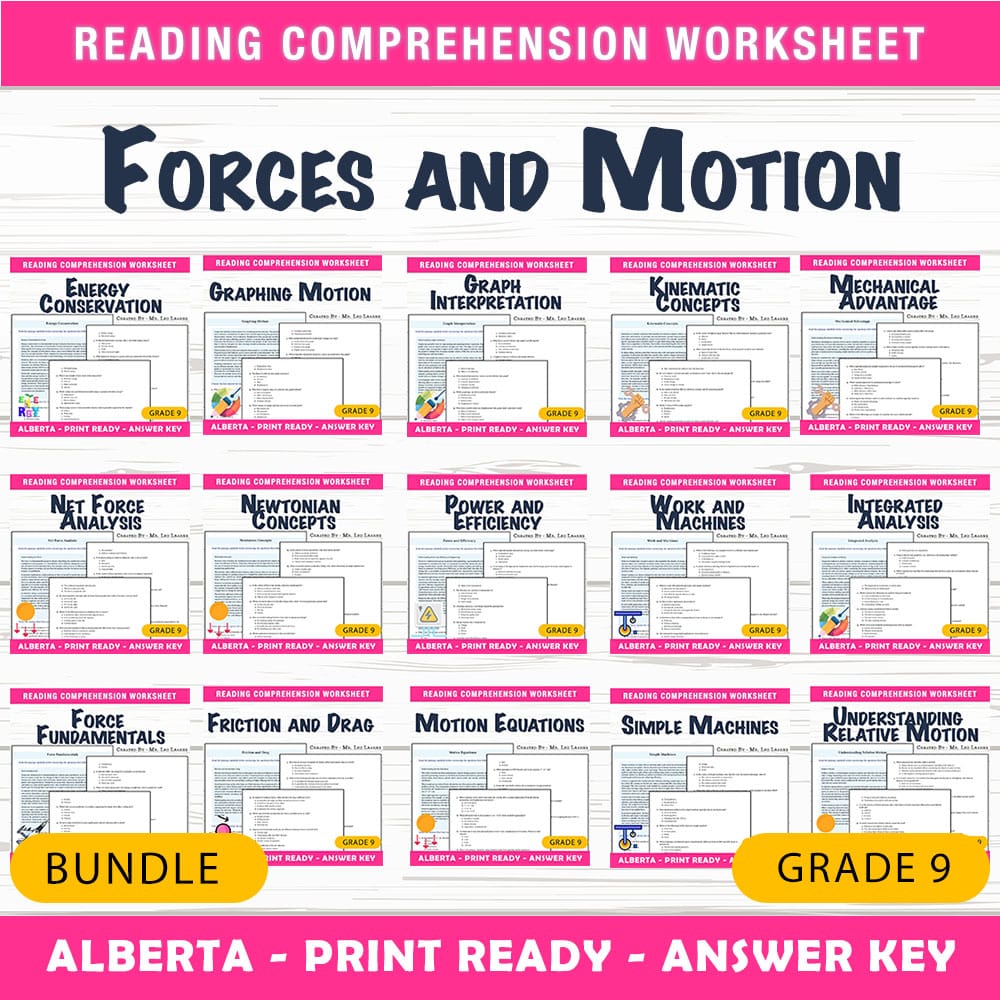Grade 9 Science Forces and Motion Worksheet Pack | Alberta Curriculum — bundle cover