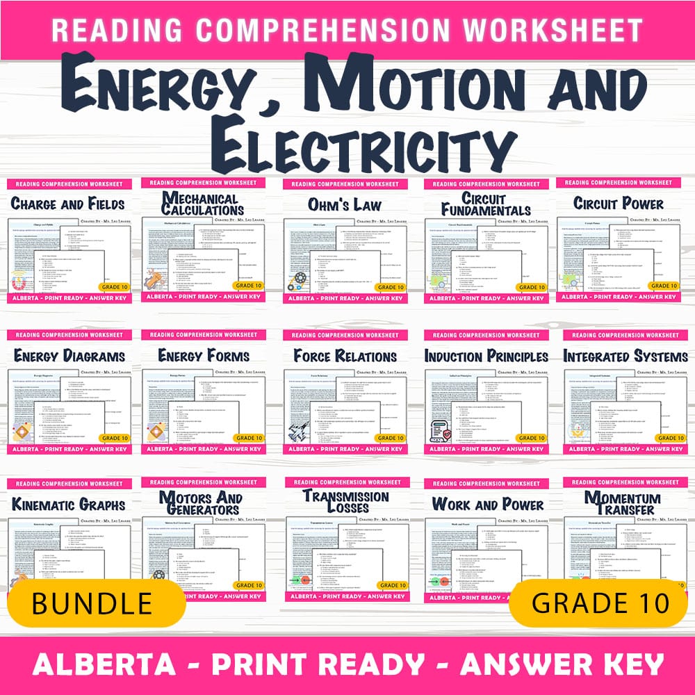 Grade 10 Science | Energy, Motion & Electricity Worksheet Bundle | Alberta — bundle cover