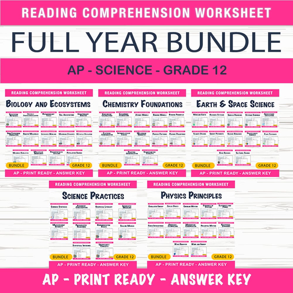 Grade 12 Science: Comprehensive Physics, Biology, and Chemistry Worksheets — bundle cover