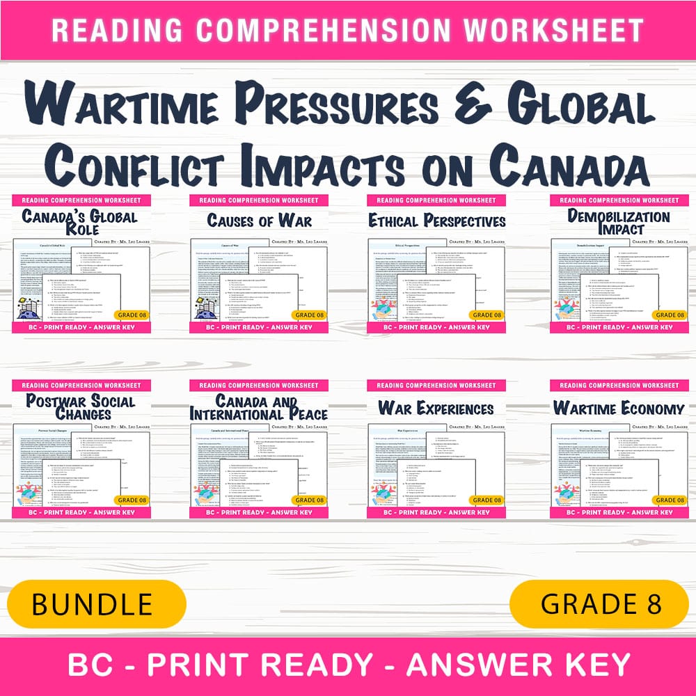 Grade 8 Wartime Pressures & Global Conflict Impacts on Canada Social Studies  — bundle cover