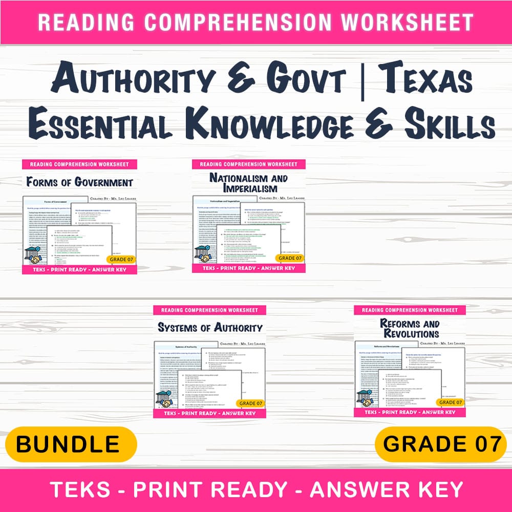 Grade 7 Social Studies Authority & Govt | Texas Essential Knowledge & Skills — bundle cover
