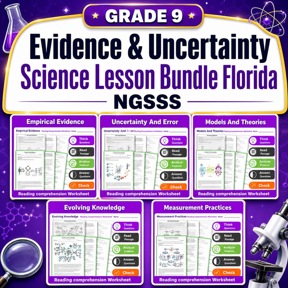 Grade 9 Evidence & Uncertainty Science Lesson Bundle Florida NGSSS — bundle cover