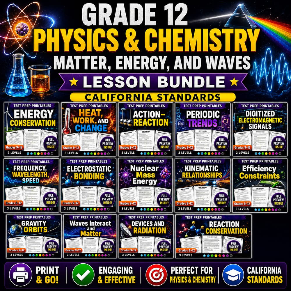 Grade 12 Physics & Chemistry Matter, Energy, and Waves Lesson Bundle | California Standards — bundle cover