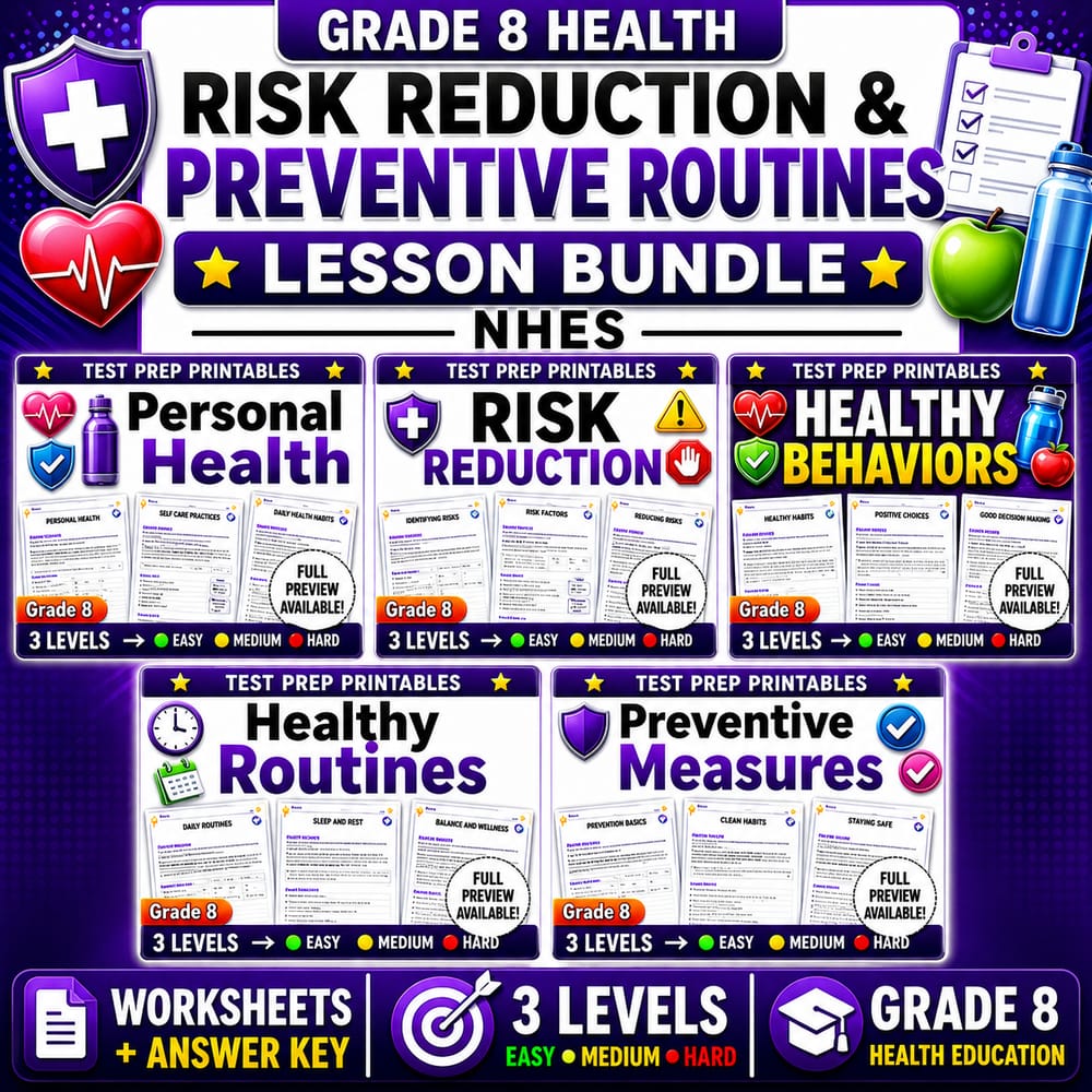 Grade 8 Health Risk Reduction & Preventive Routines Lesson Bundle | NHES — bundle cover