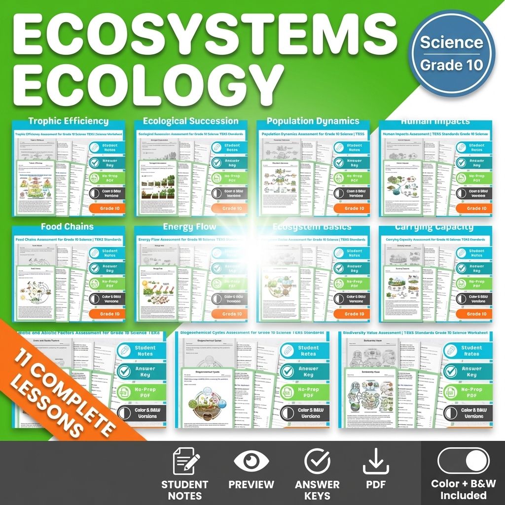 Grade 10 Ecosystems Science Lesson Bundle for TEKS Assessment Worksheets — bundle cover