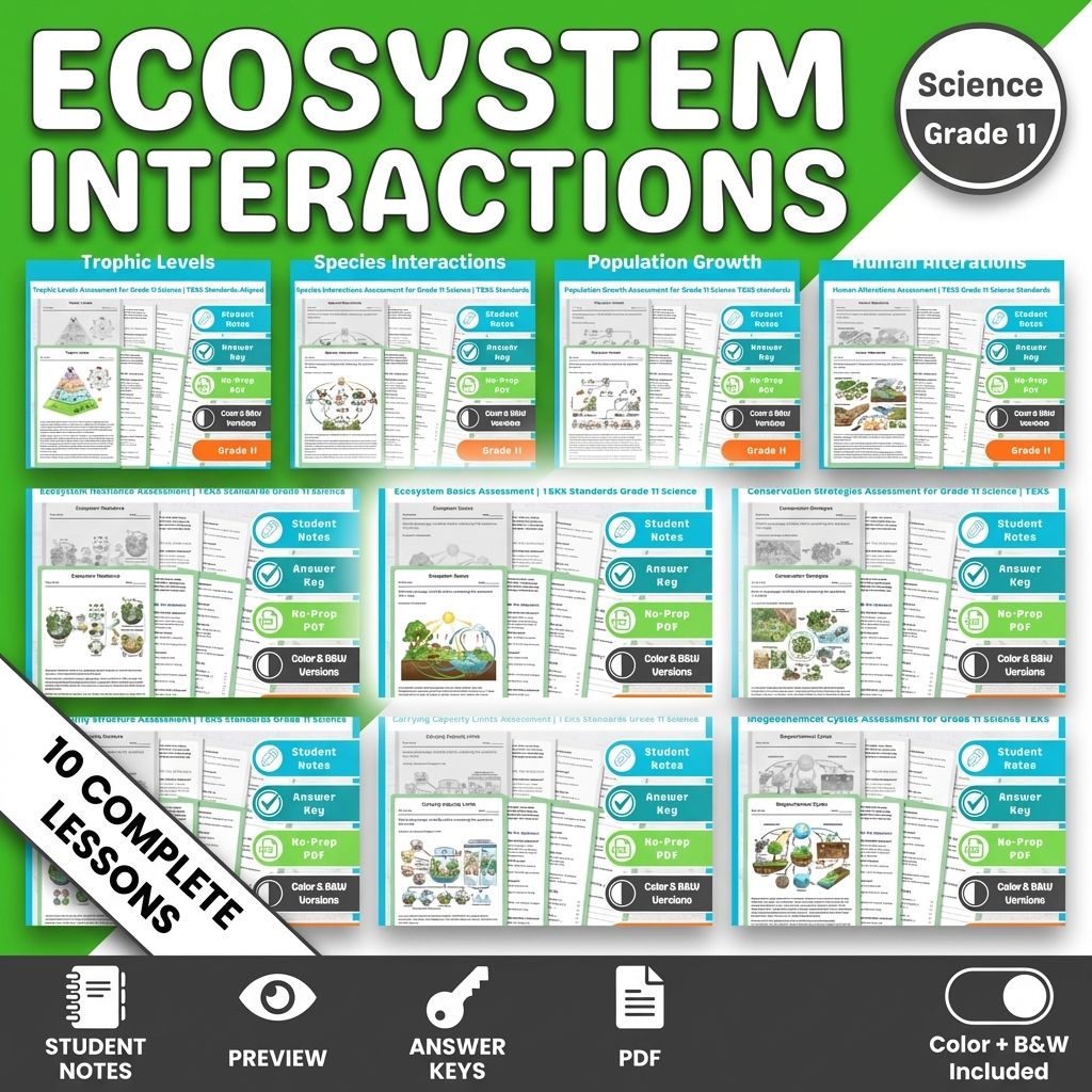 Grade 11 Ecosystem Interactions Science Lesson Bundle TEKS Assessment Packet — bundle cover