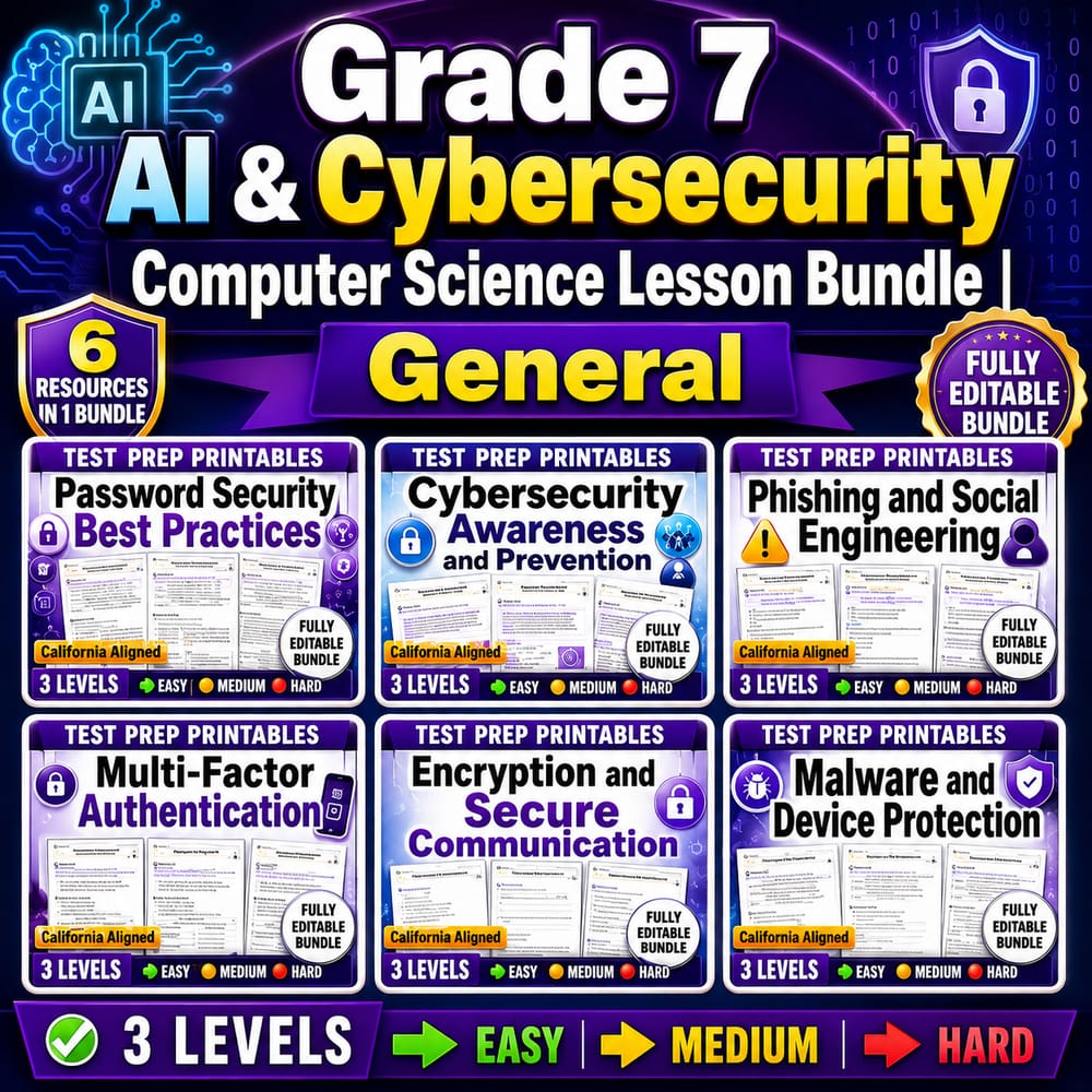 Grade 7 AI & Cybersecurity Computer Science Lesson Bundle | General — bundle cover