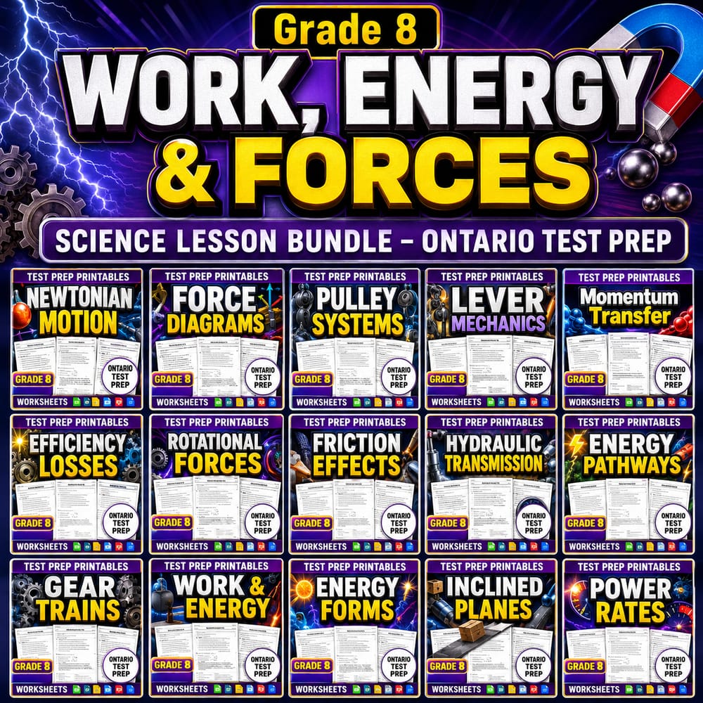 Grade 8 Work, Energy & Forces Science Lesson Bundle – Ontario Test Prep — bundle cover