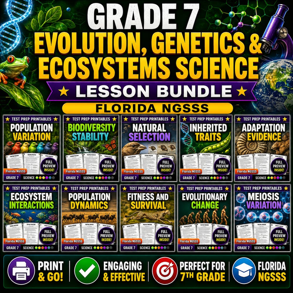 Grade 7 Evolution, Genetics & Ecosystems Lesson Bundle | Florida NGSSS — bundle cover