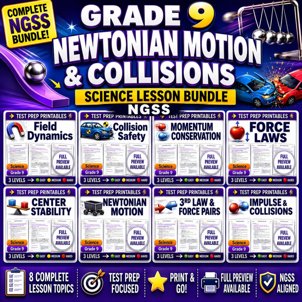 Grade 9 Newtonian Motion & Collisions Science Lesson Bundle NGSS — bundle cover
