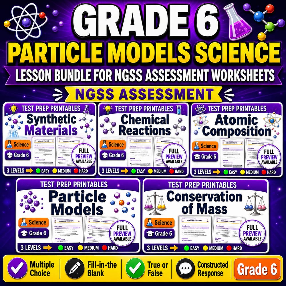 Grade 6 Particle Models Science Lesson Bundle for NGSS Assessment Worksheets — bundle cover