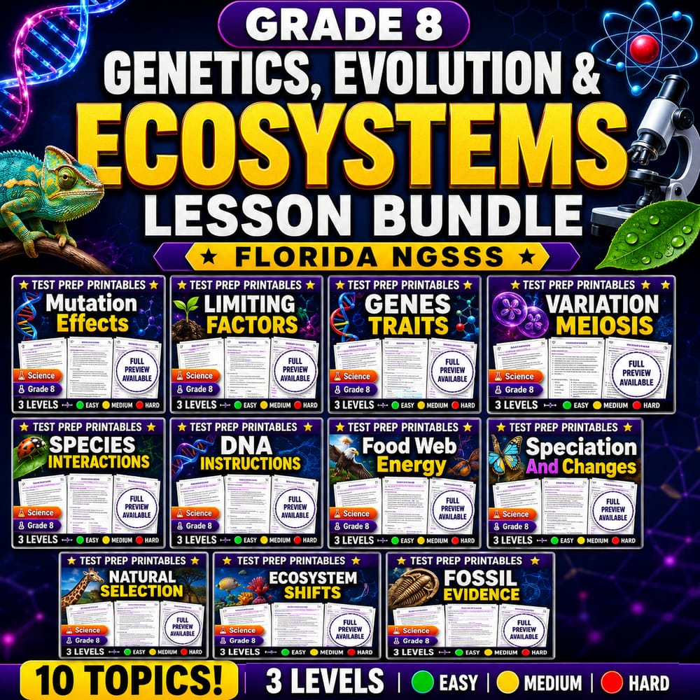 Grade 8 Genetics, Evolution & Ecosystems Lesson Bundle | Florida NGSSS — bundle cover