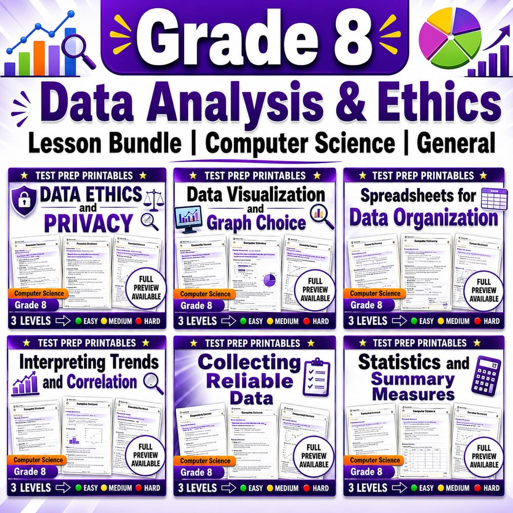 Grade 8 Data Analysis & Ethics Lesson Bundle | Computer Science | General — bundle cover