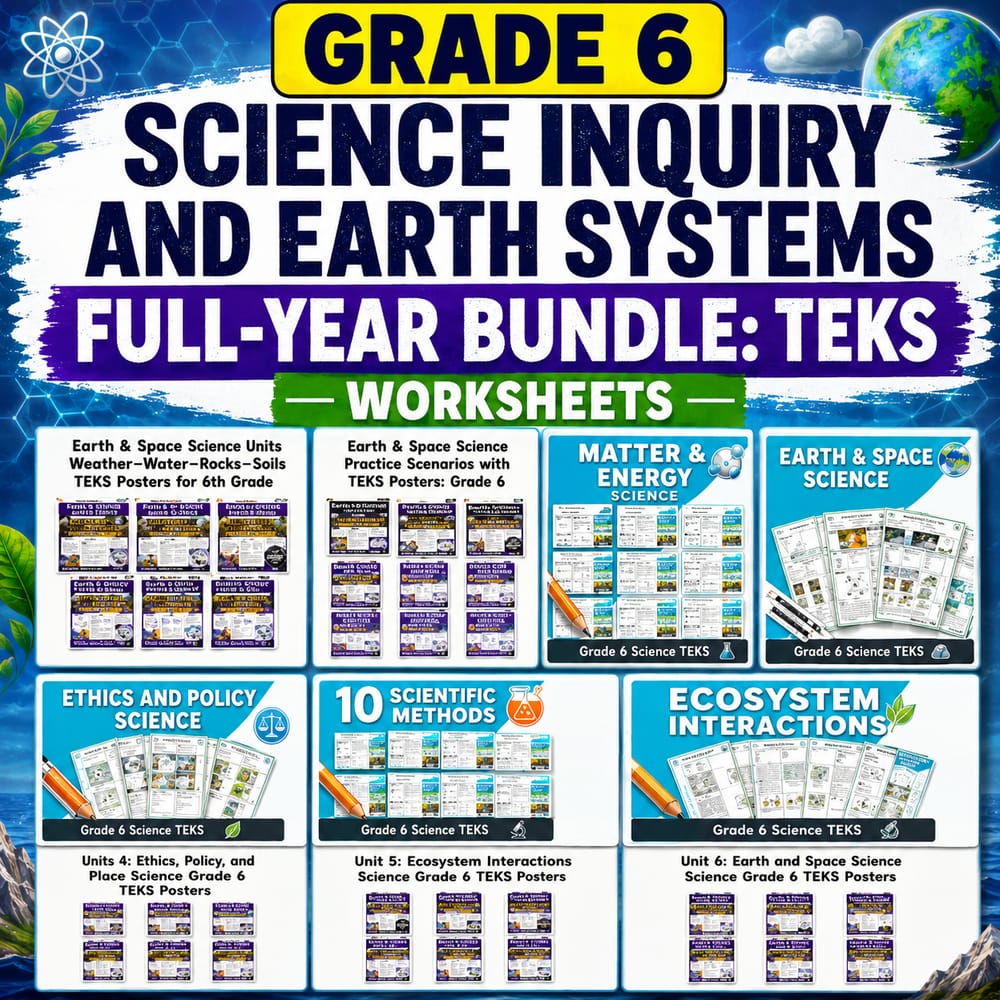 Grade 6 Science Inquiry and Earth Systems Full-Year Bundle: TEKS Worksheets — bundle cover