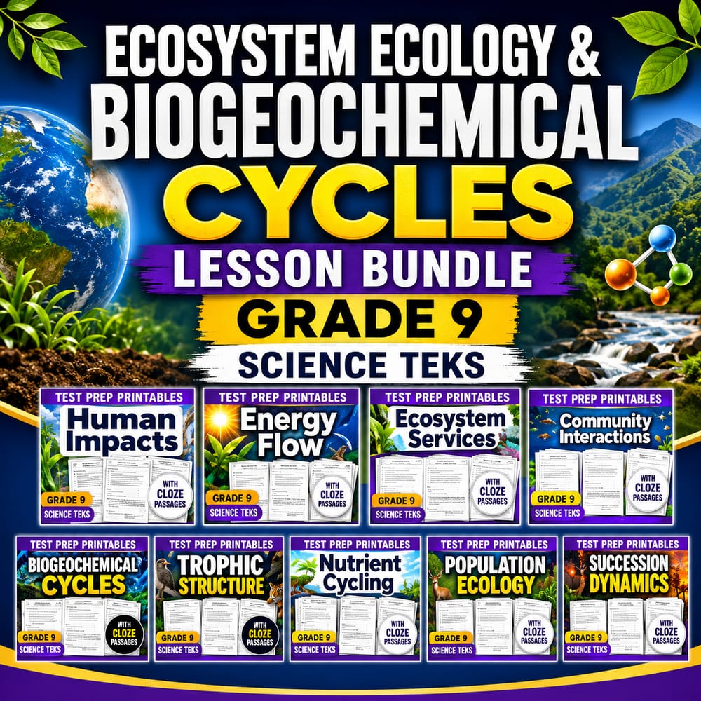 Ecosystem Ecology & Biogeochemical Cycles Lesson Bundle | Grade 9 Science TEKS — bundle cover