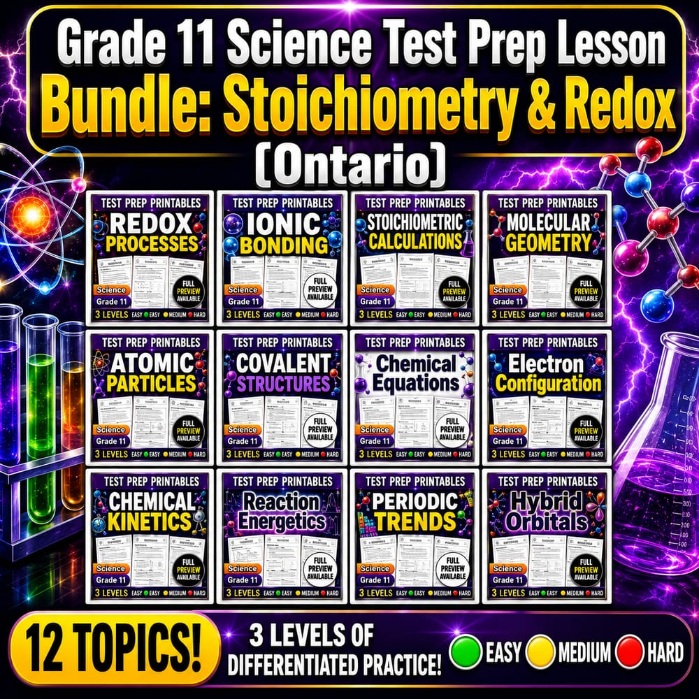 Grade 11 Science Test Prep Lesson Bundle: Stoichiometry & Redox (Ontario) — bundle cover