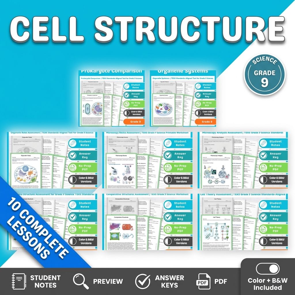 Grade 9 Cell Structures & Functions Science Lesson Bundle TEKS Assessments — bundle cover
