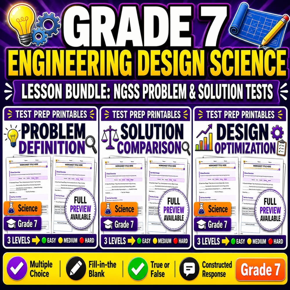 Grade 7 Engineering Design Science Lesson Bundle: NGSS Problem & Solution Tests — bundle cover