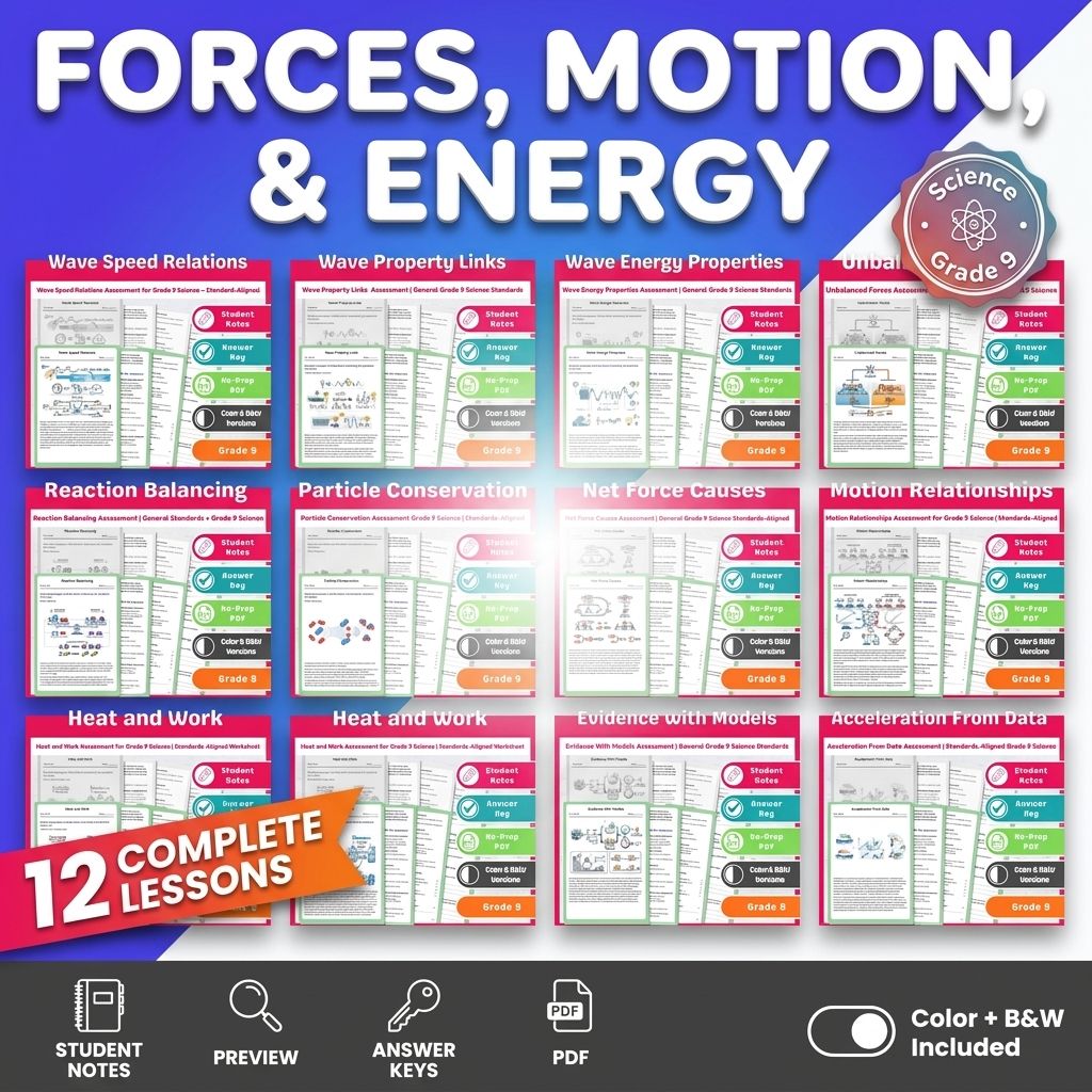 Grade 9 Forces, Motion, and Energy Science Lesson Bundle for General Framework — bundle cover