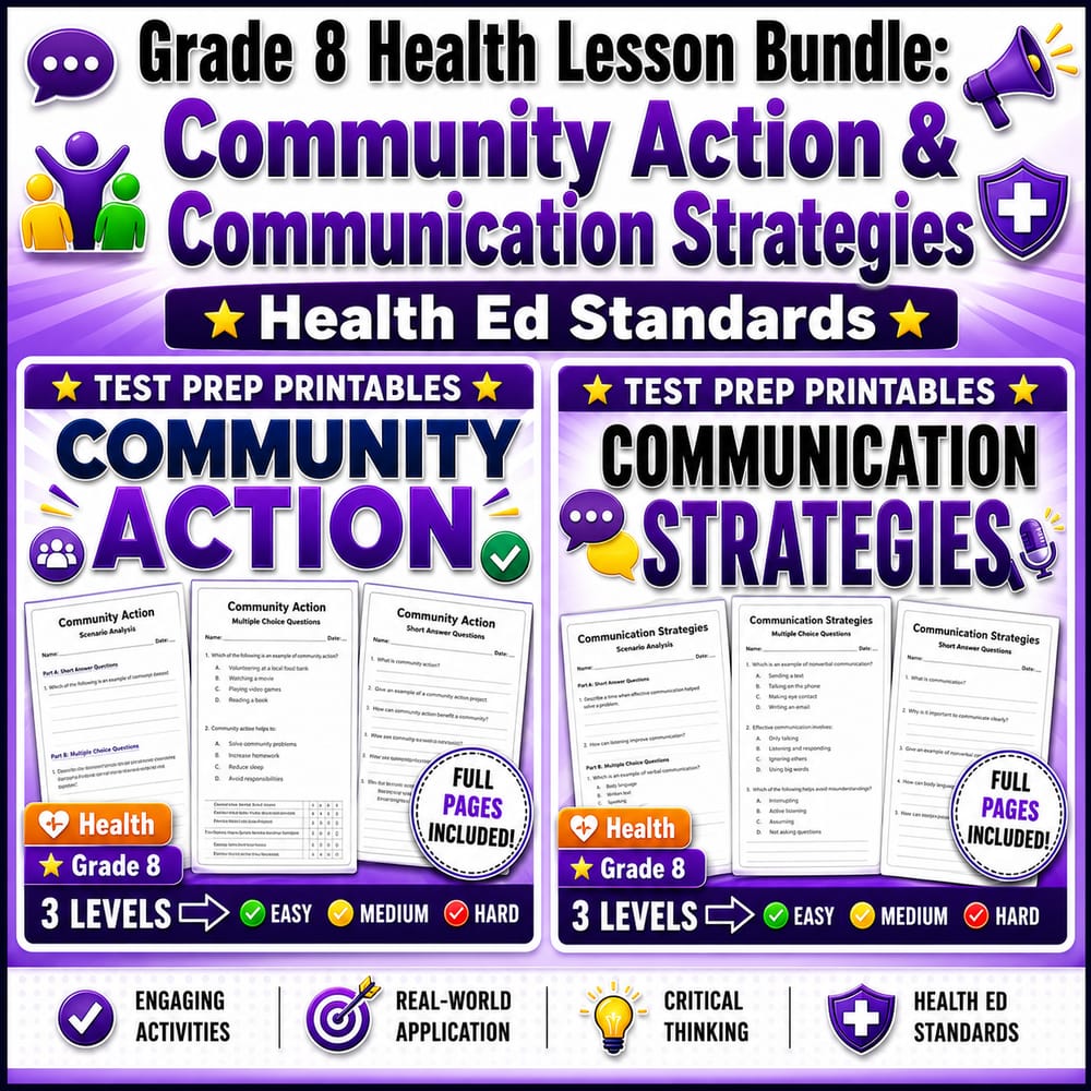 Grade 8 Health Lesson Bundle: Community Action & Communication Strategies Health Ed Standards — bundle cover