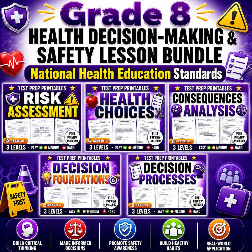Grade 8 Health Decision-Making & Safety Lesson Bundle | National Health Education Standards — bundle cover