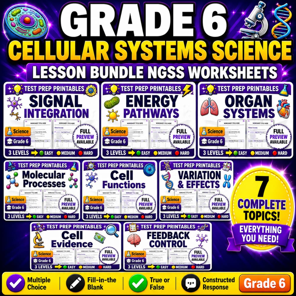 Grade 6 Cellular Systems Science Lesson Bundle NGSS Worksheets — bundle cover