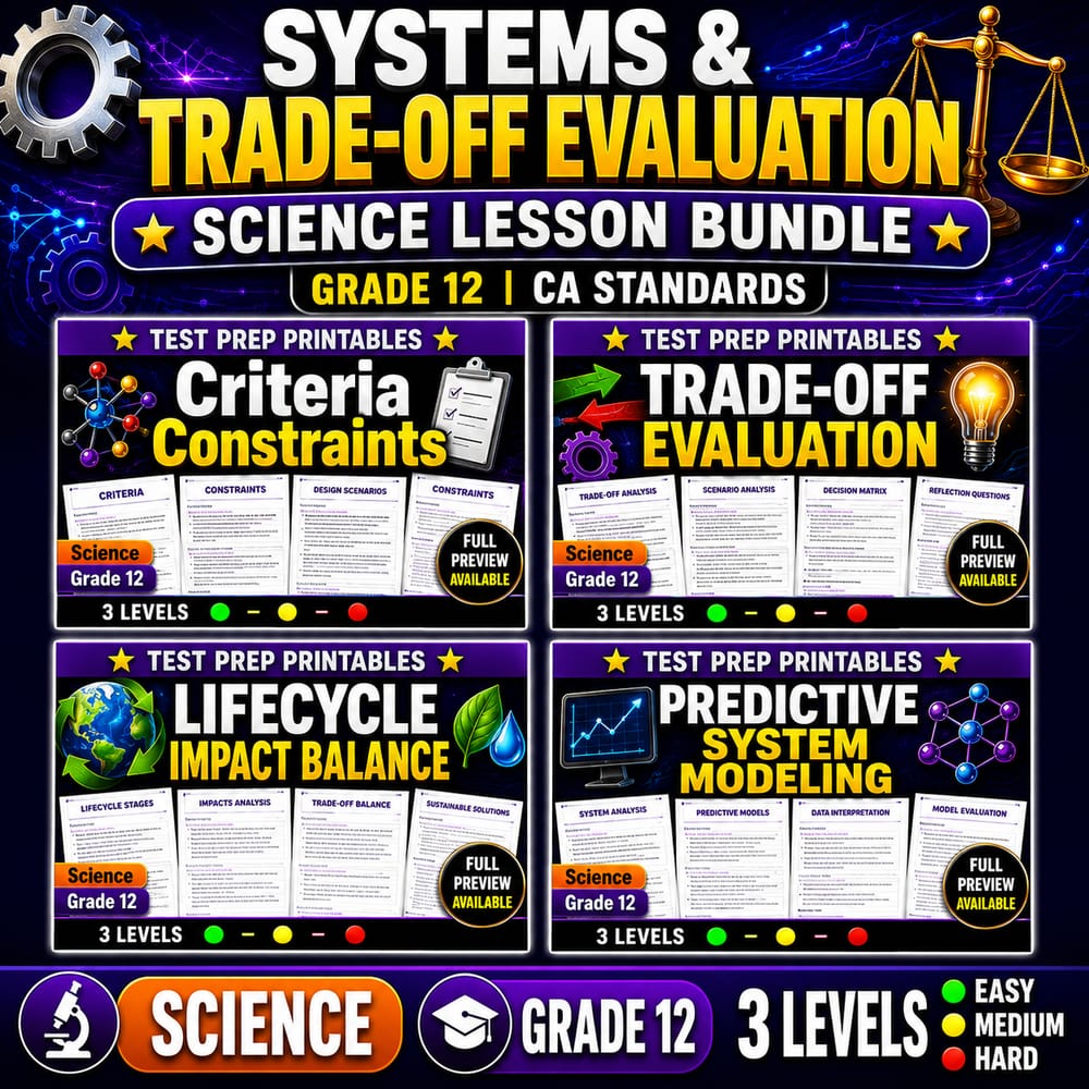 Systems & Trade-Off Evaluation Science Lesson Bundle | Grade 12 | CA Standards — bundle cover
