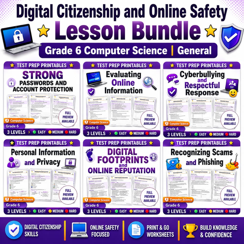Digital Citizenship and Online Safety Lesson Bundle | Grade 6 Computer Science | General — bundle cover