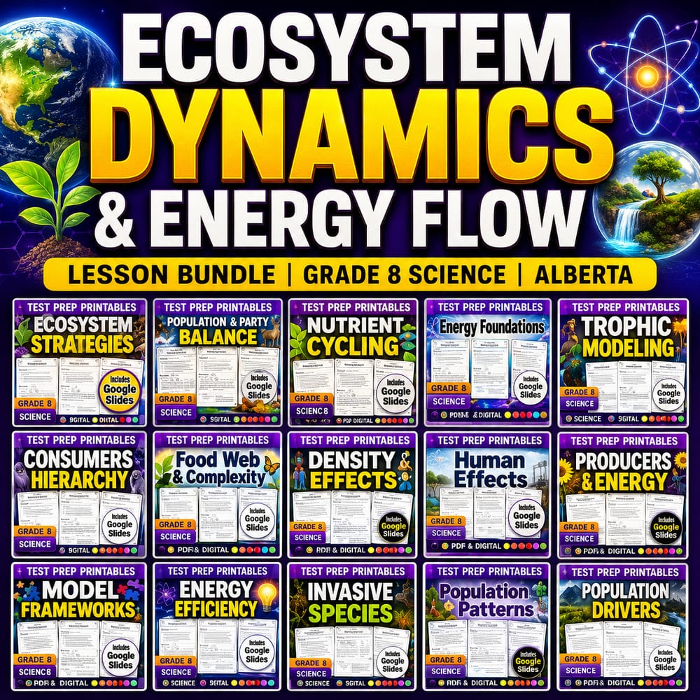 Ecosystem Dynamics & Energy Flow Lesson Bundle | Grade 8 Science | Alberta — bundle cover