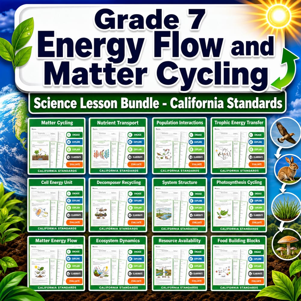 Grade 7 Energy Flow and Matter Cycling Science lesson bundle – California Standards — bundle cover