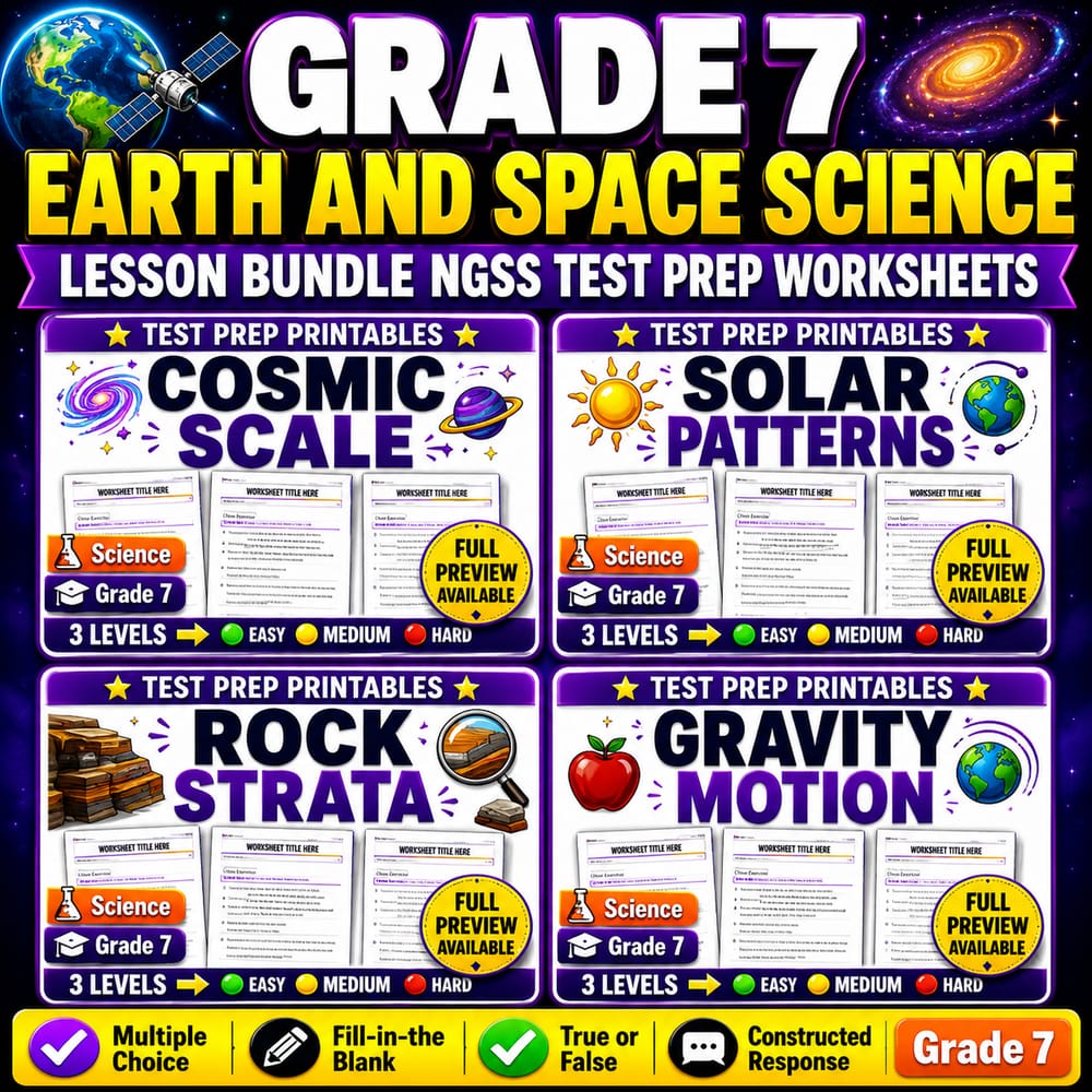 Grade 7 Earth and Space Science Lesson Bundle NGSS Test Prep Worksheets — bundle cover