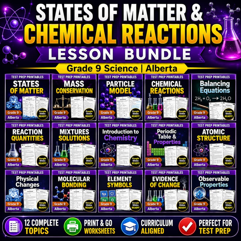 States of Matter & Chemical Reactions Lesson Bundle | Grade 9 Science | Alberta — bundle cover