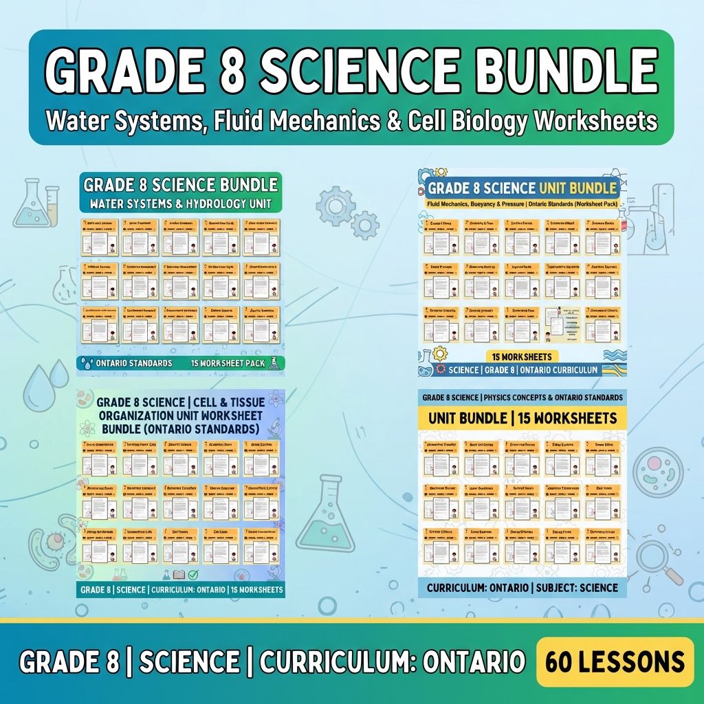 Grade 8 Science Worksheet Bundle – Forces, Energy, Water Systems & More  — bundle cover