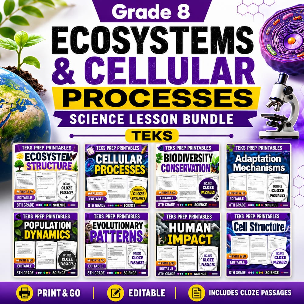 Grade 8 Ecosystems & Cellular Processes Science Lesson Bundle TEKS — bundle cover