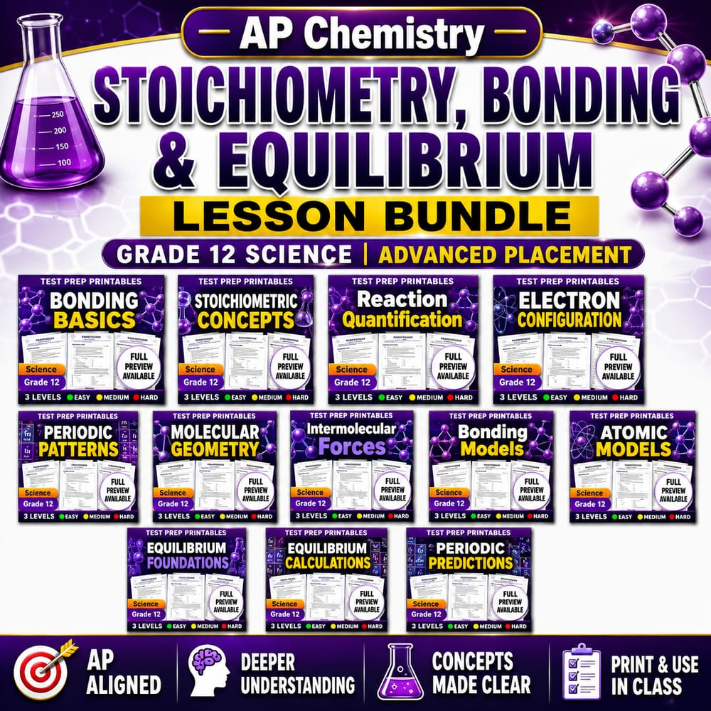 AP Chemistry Stoichiometry, Bonding & Equilibrium Lesson Bundle | Grade 12 Science | advanced placement — bundle cover