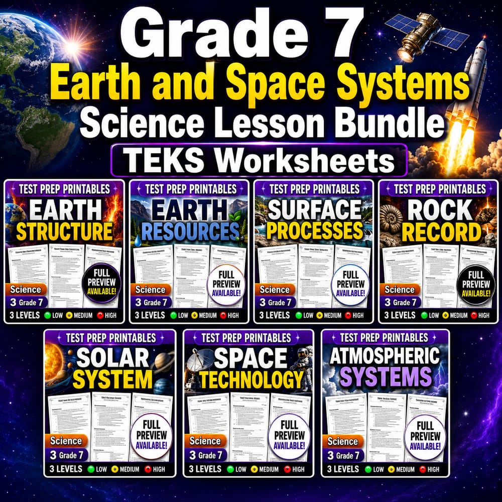 Grade 7 Earth and Space Systems Science Lesson Bundle TEKS Worksheets — bundle cover