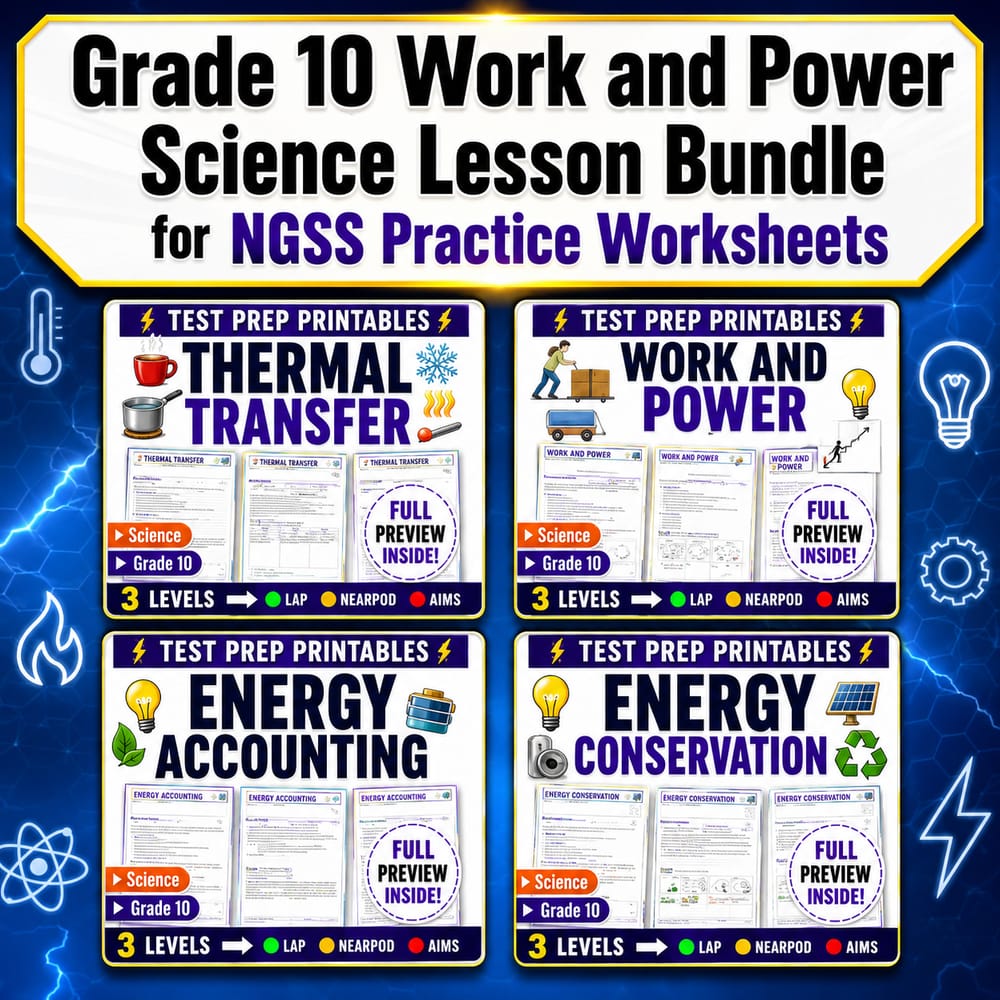 Grade 10 Work and Power Science Lesson Bundle for NGSS Practice Worksheets — bundle cover