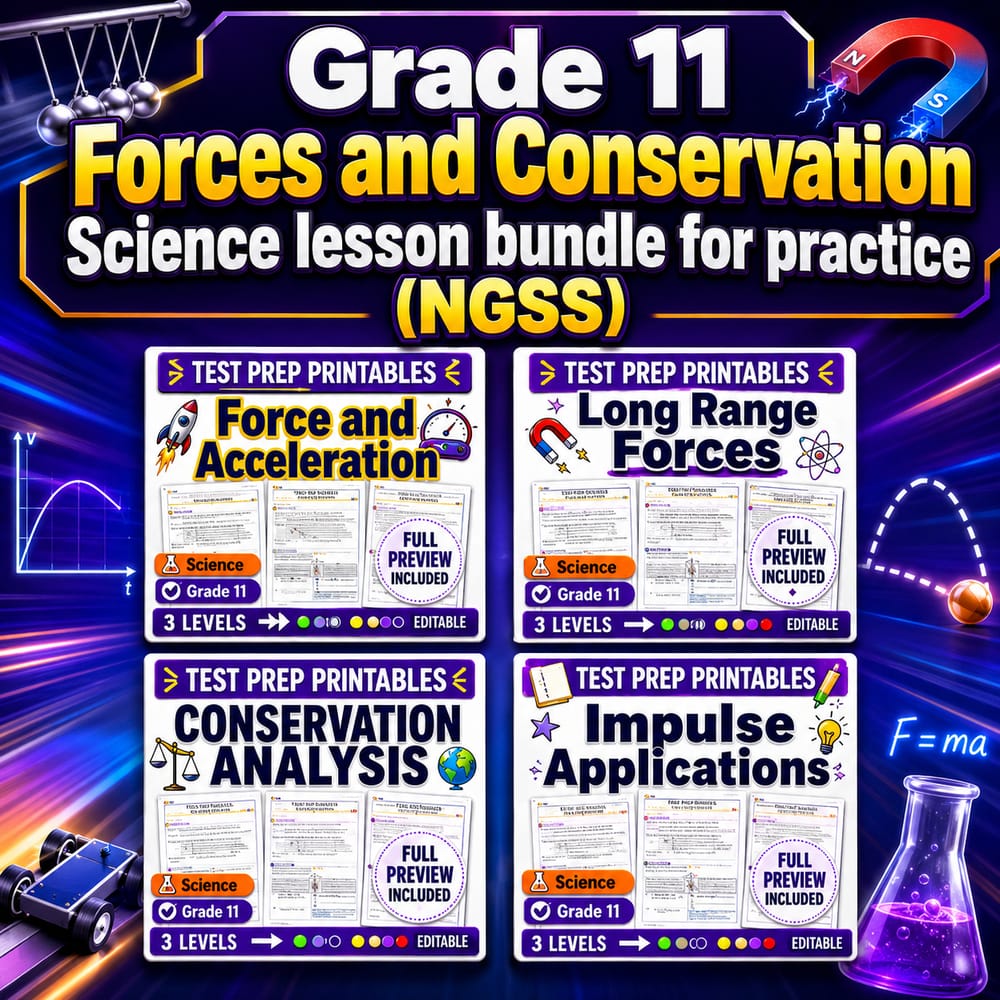Grade 11 Forces and Conservation Science lesson bundle for practice (NGSS) — bundle cover