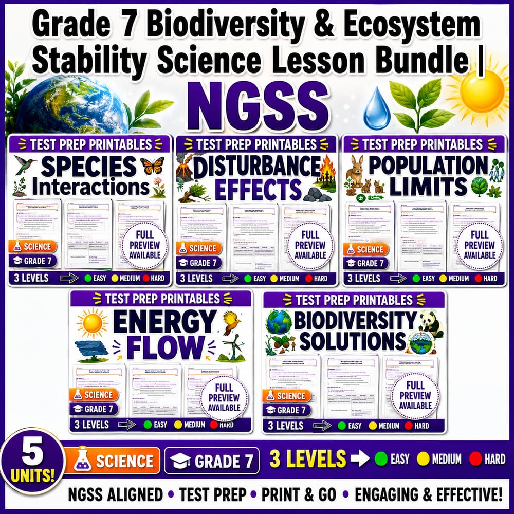 Grade 7 Biodiversity & Ecosystem Stability Science Lesson Bundle | NGSS — bundle cover