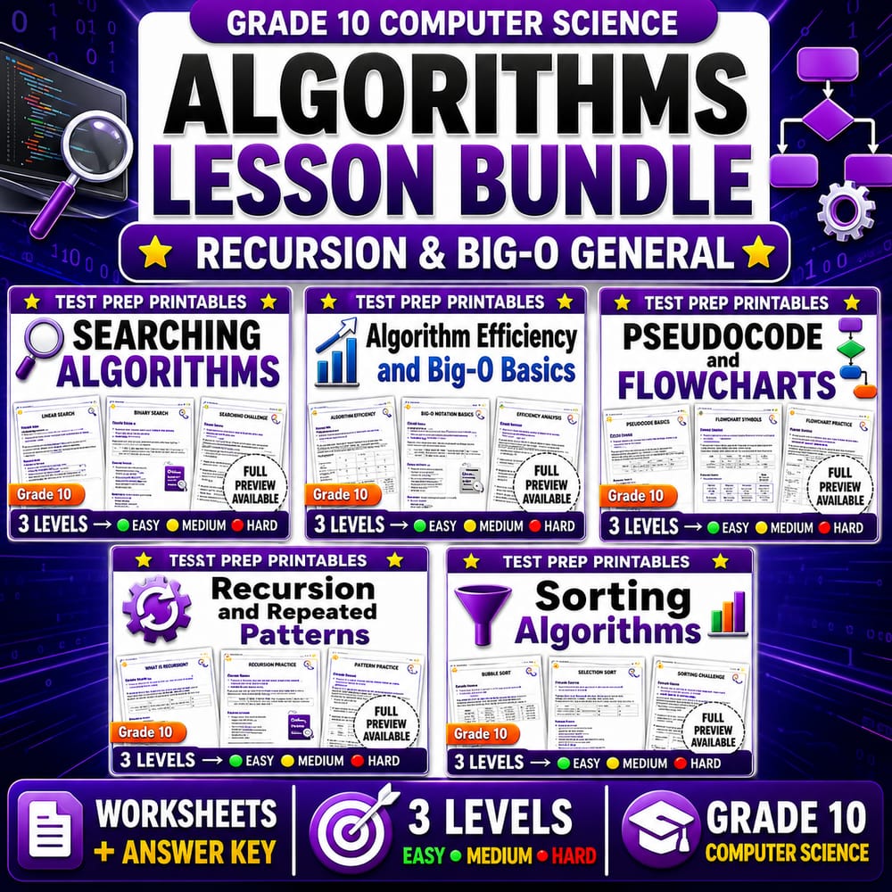 Grade 10 Computer Science Algorithms Lesson Bundle – Recursion & Big-O General — bundle cover