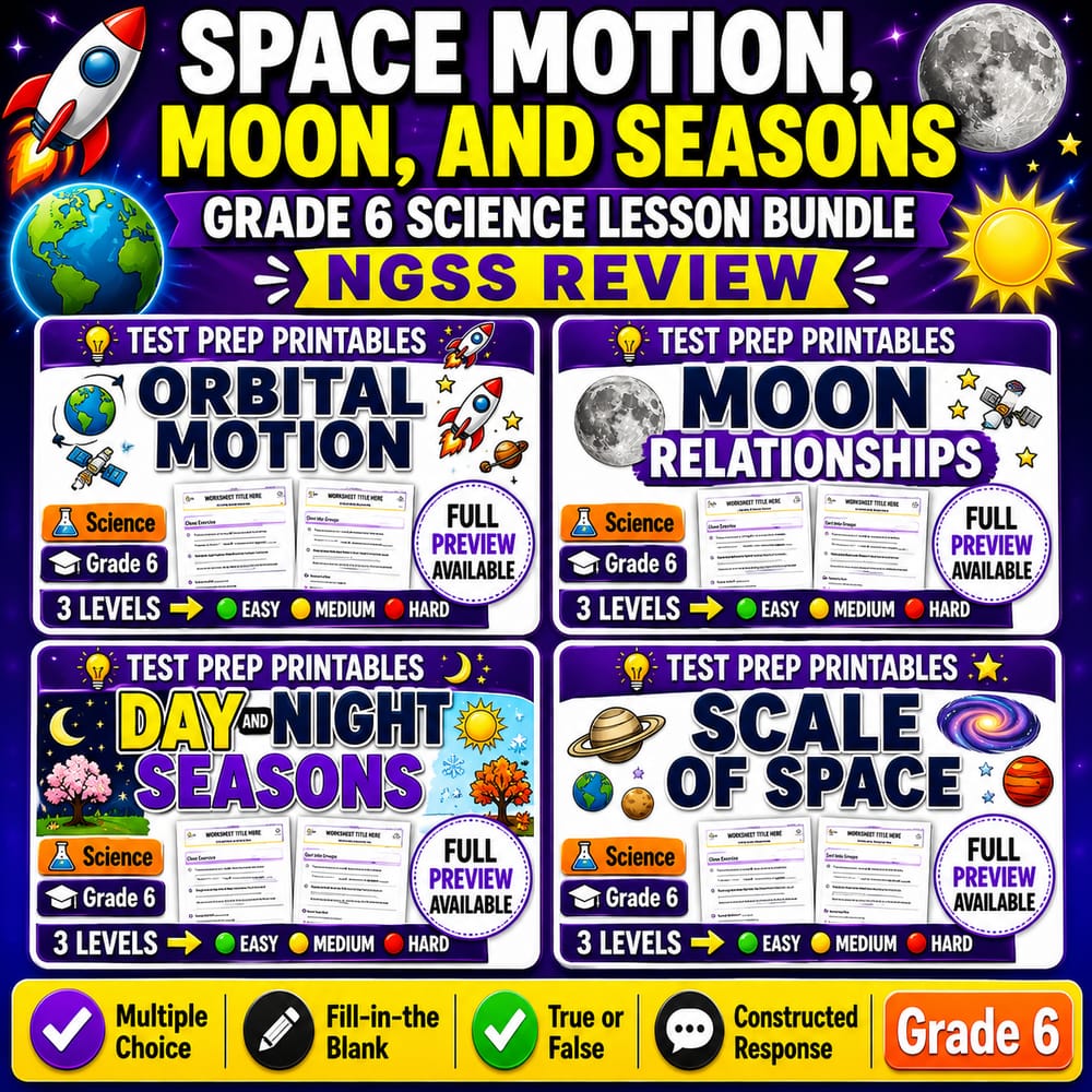 Space Motion, Moon, and Seasons Grade 6 Science Lesson Bundle NGSS Review — bundle cover