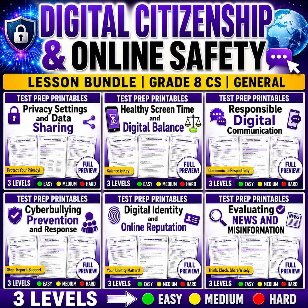 Digital Citizenship & Online Safety Lesson Bundle | Grade 8 CS | General — bundle cover
