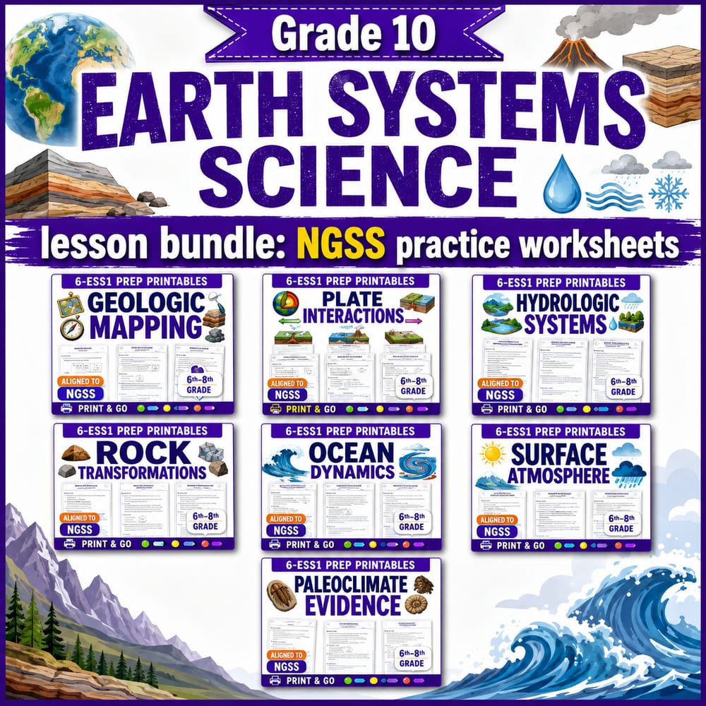 Grade 10 Earth Systems Science lesson bundle: NGSS practice worksheets — bundle cover