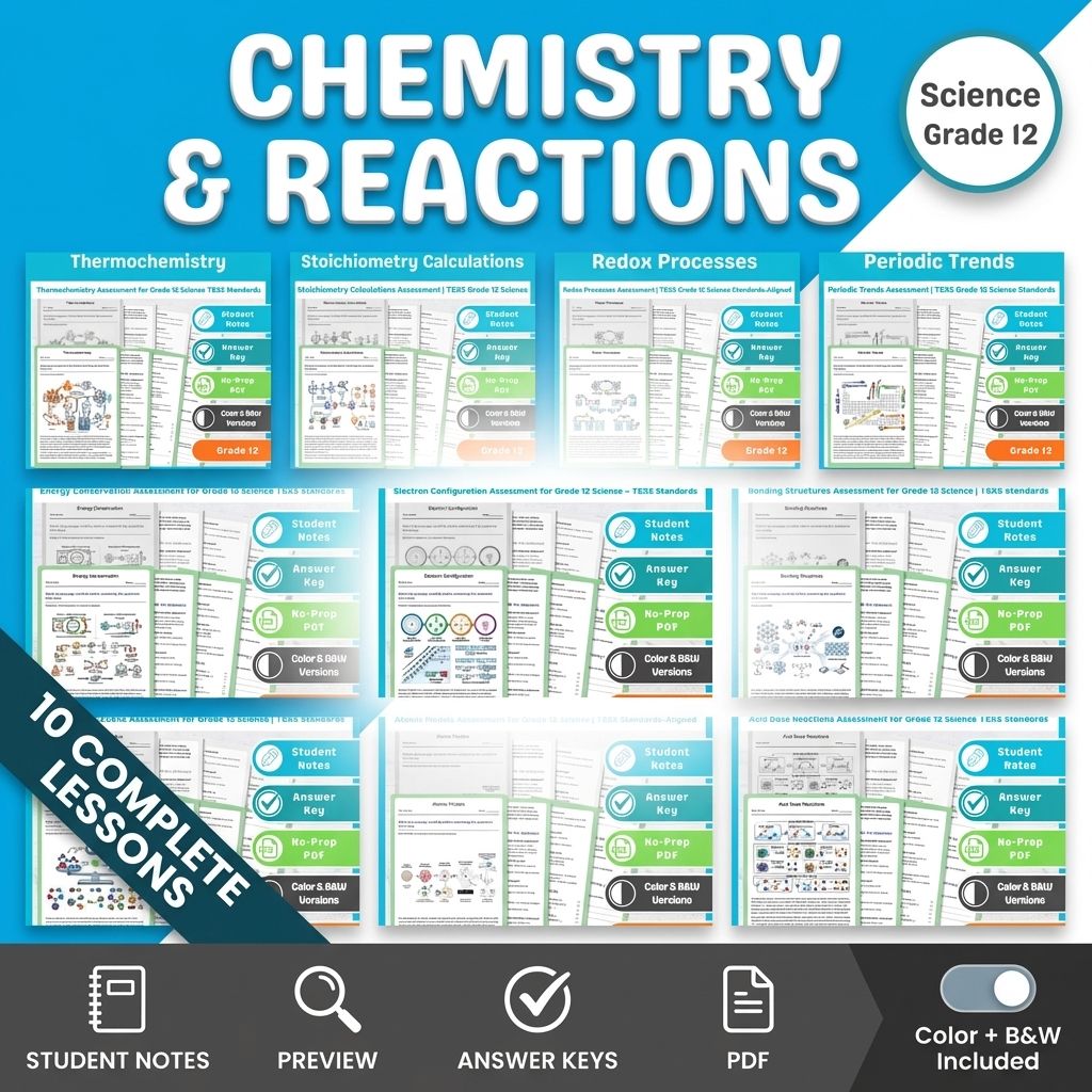 Lesson Bundle Grade 12 Chemistry and Reactions Science Assessment TEKS — bundle cover